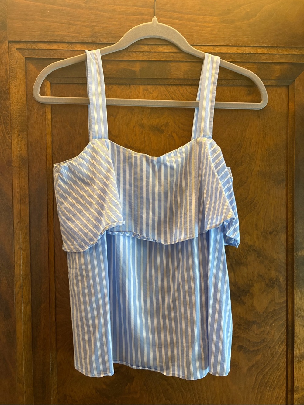 H&M Light Blue and White Striped Ruffle Tank Top